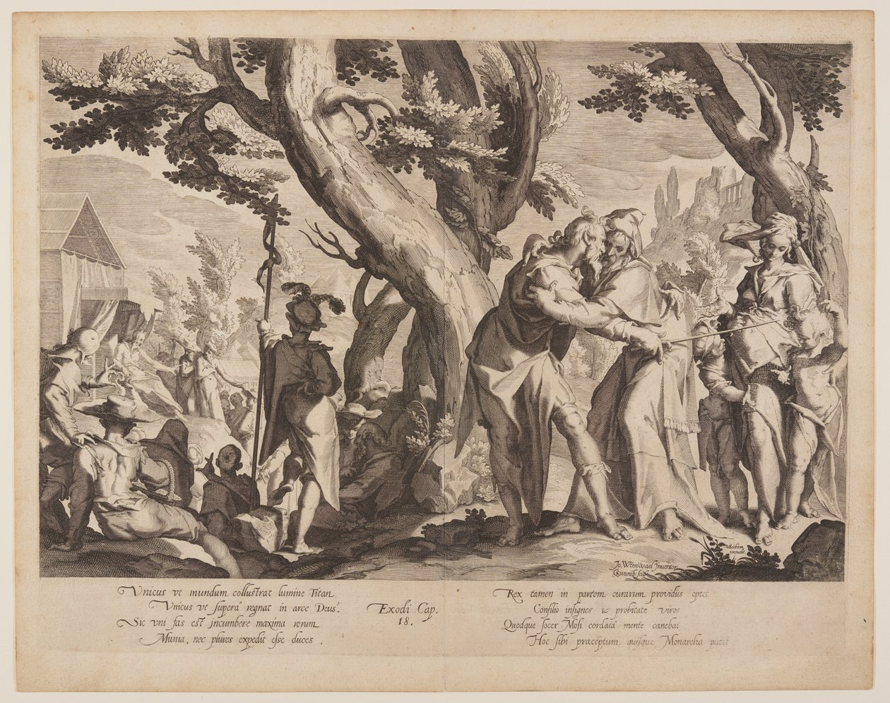 Ontmoeting van Mozes en Jethro, plaat 1 uit Tronen van Gerechtigheid (Thronus Iustitiae) door Willem van Swanenburgh