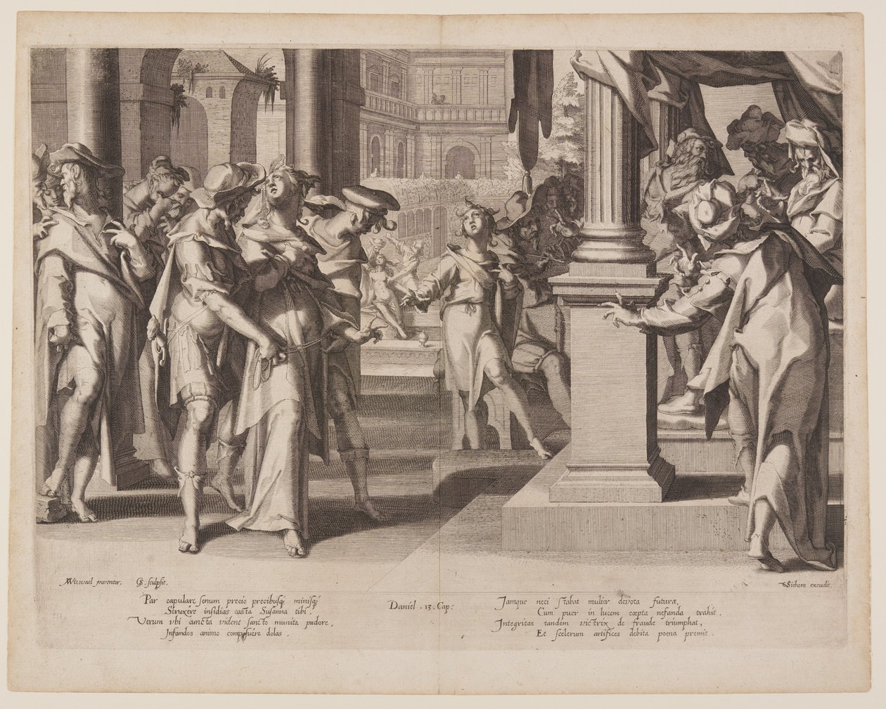 Susanna voor Daniel, plaat 3 uit Tronen van gerechtigheid (Thronus Iustitiae) door Willem van Swanenburgh
