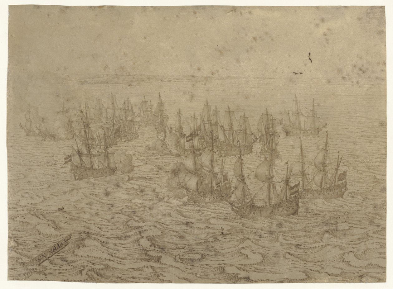 Zeeslag voor een kust door Willem van de Velde (I) (possibly)