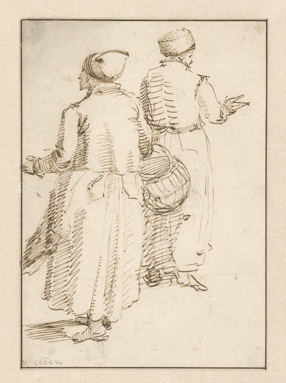 Man en vrouw in boerenkleding, op de rug gezien door Willem van de Velde (I)