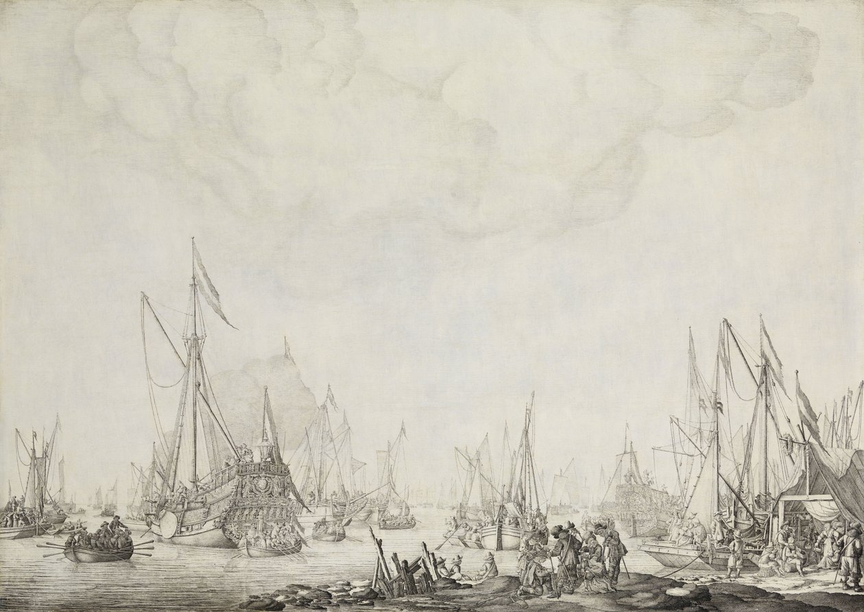 De koninklijke en staatsjachten, mogelijk de aankomst van Karel II van Engeland in Moerdijk, 1660 door Willem van de Velde (I)