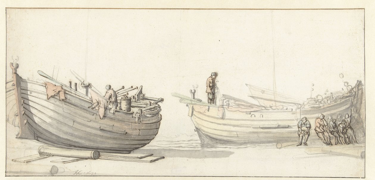 Studie van twee vissersboten met figuren door Willem van de Velde (II) (attributed to)