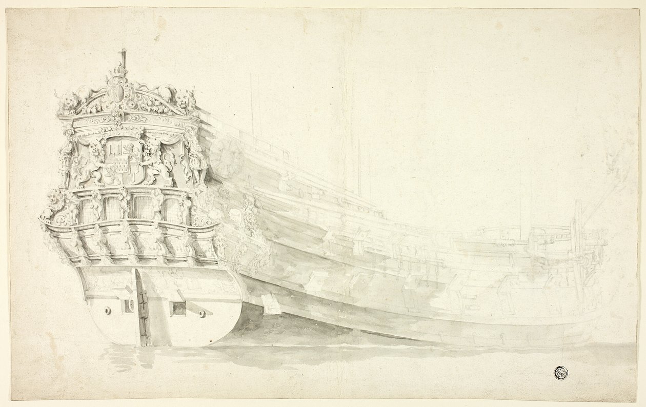 Nederlands schip met ornamentele boeg gezien vanaf stuurboordzijde door Willem van de Velde I