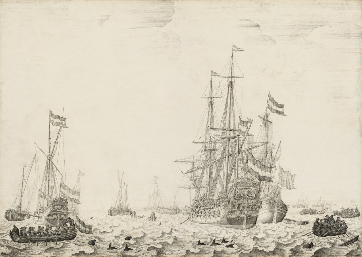 Nederlandse schepen bij de kust door Willem van de Velde I