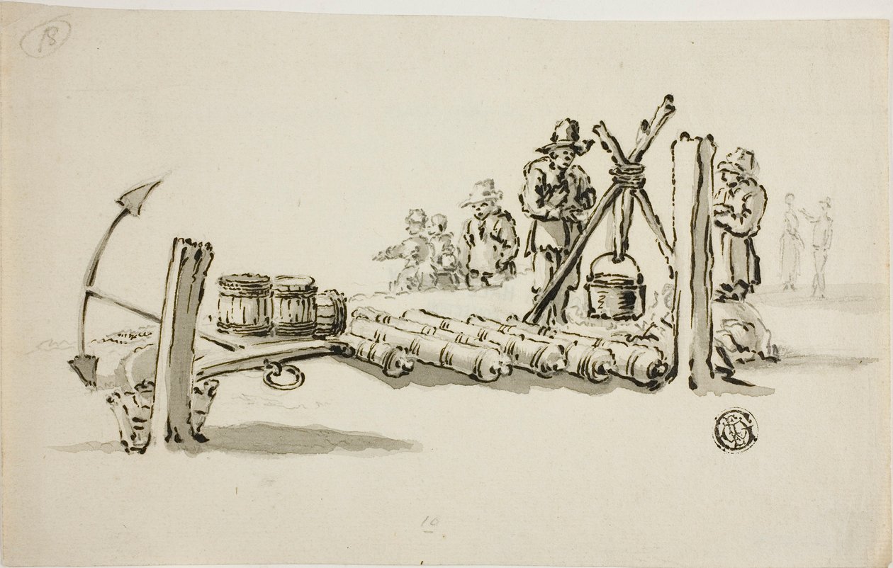 Mannen met kanonnen, vaatjes buskruit en een anker door Willem van de Velde I