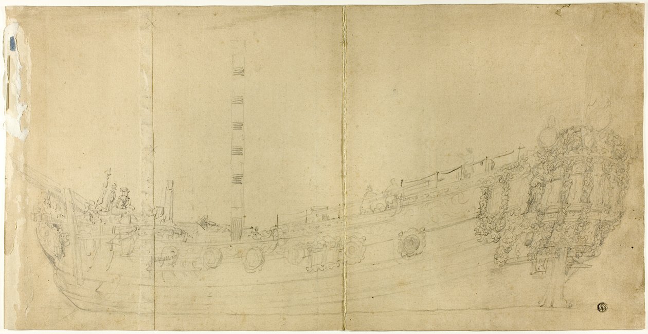 Scheepsbouwtekening voor Nederlands galjoen door Willem van de Velde I