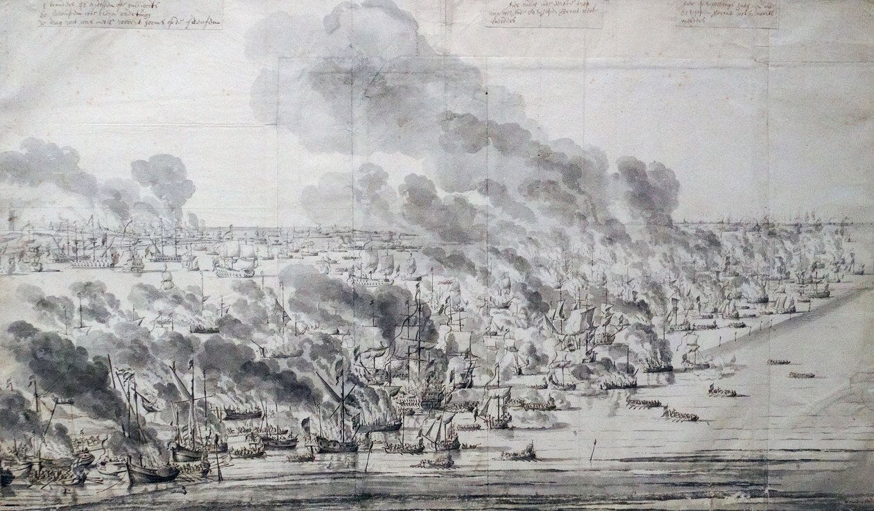 Robert Holmes steekt de Nederlandse Vloot in brand bij Terschelling door Willem van de Velde the Elder