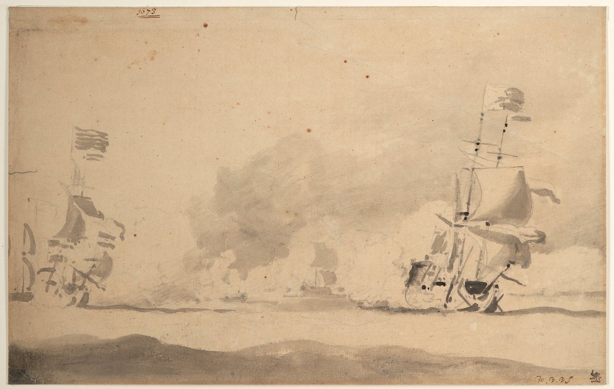 Een Nederlands schip achtervolgt een Engels schip door Willem van de Velde the Younger