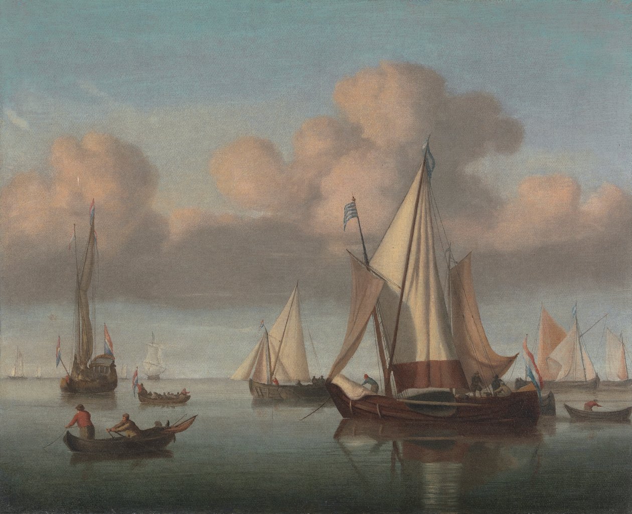 Een Kaag voor Anker met Gehesen Zeilen en een Staatsjacht en Andere Vaartuigen door Willem van de Velde the Younger