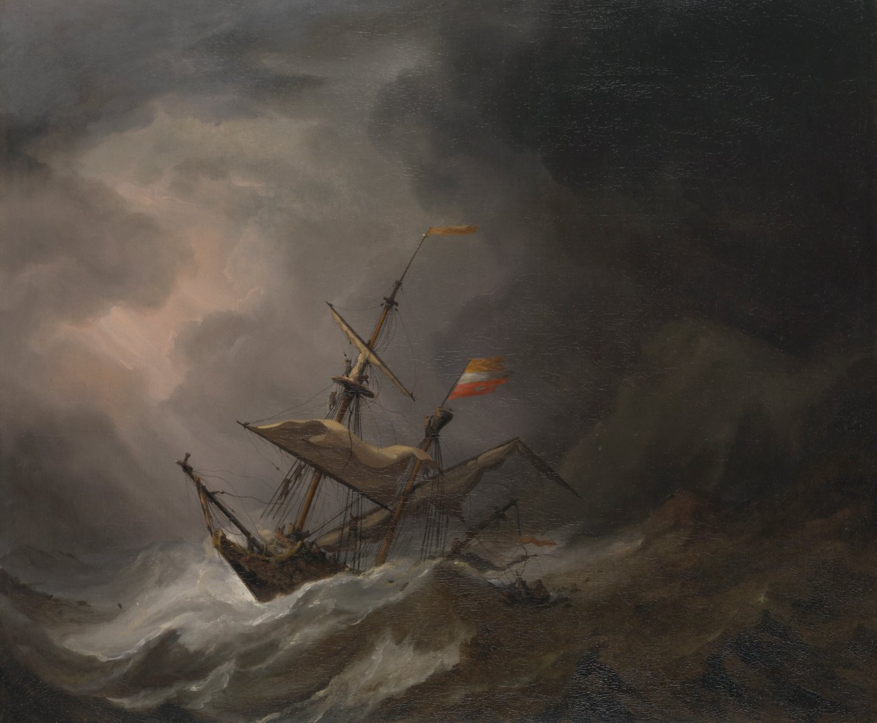 Een Middellandse Zee Brigantijn die op een rotsachtige kust drijft in een storm, ca. 1700 door Willem van de Velde the Younger