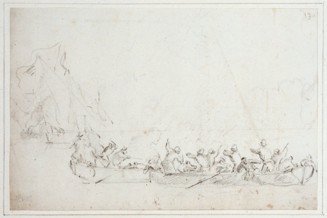 Een gevecht in boten tussen Nederlandse of Engelse en Barbarijse piraten, ca. 1675 door Willem van de Velde the Younger