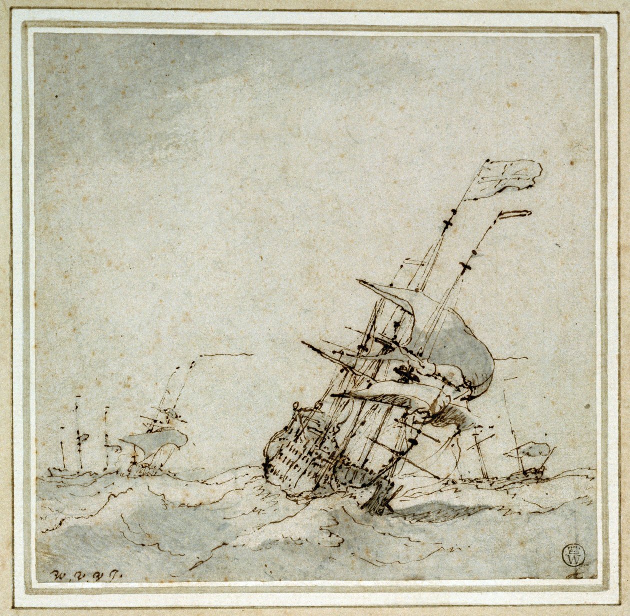 Een vlaggenschip, versnelt om aan de storm te ontsnappen. Tekening door Willem van de Velde de Jongere (1633-1707), uitgevoerd rond 1700. door Willem van de Velde the Younger