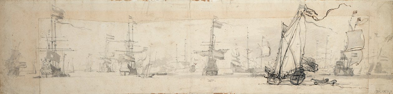 Een staatsjacht onder zeil en schepen voor anker, c.1665 door Willem van de Velde the Younger