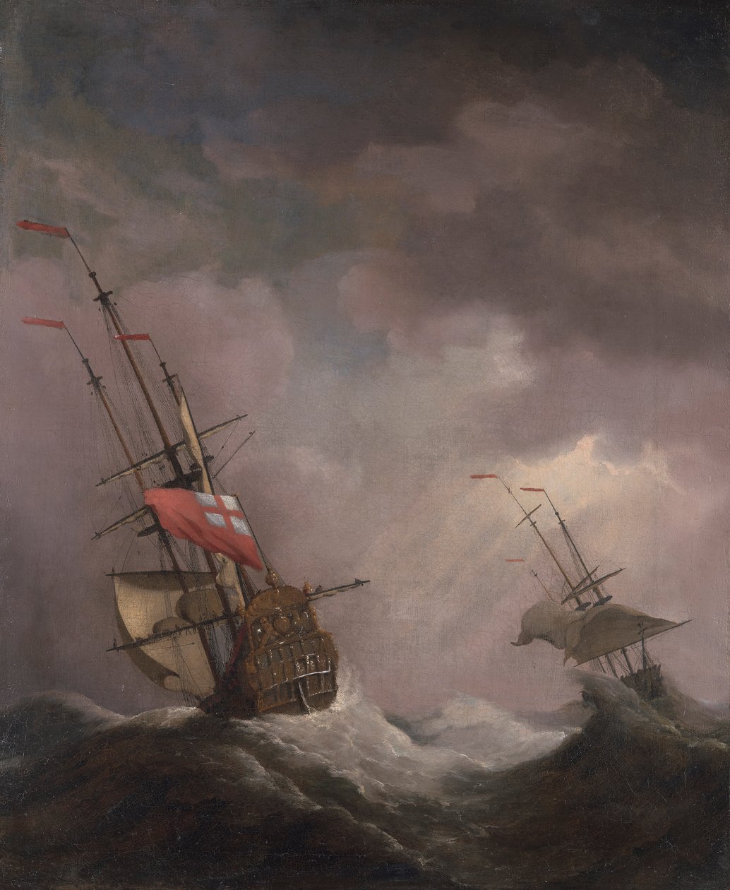 Een Engels schip op zee in een storm door Willem van de Velde the Younger