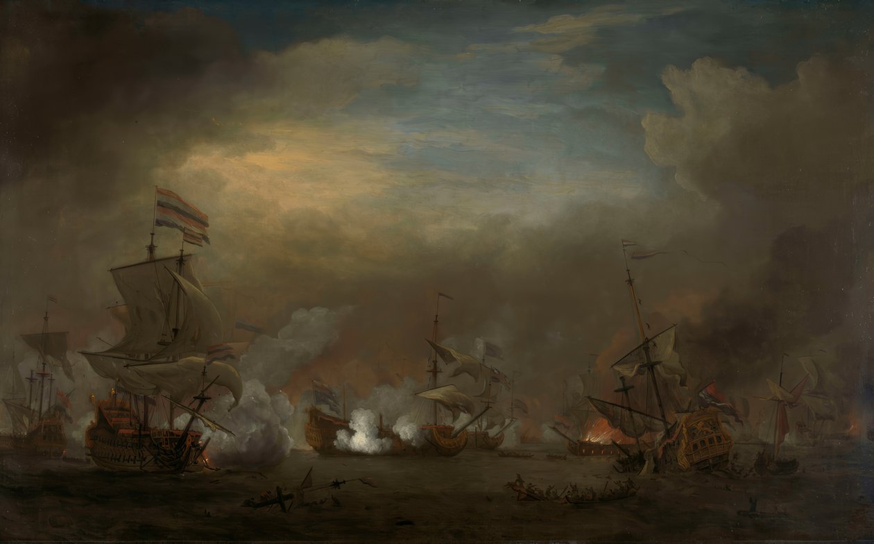 Nachtelijke zeeslag tussen Cornelis Tromp op de Gouden Leeuw en Sir Edward Spragge op de Royal Prince door Willem van de Velde the Younger