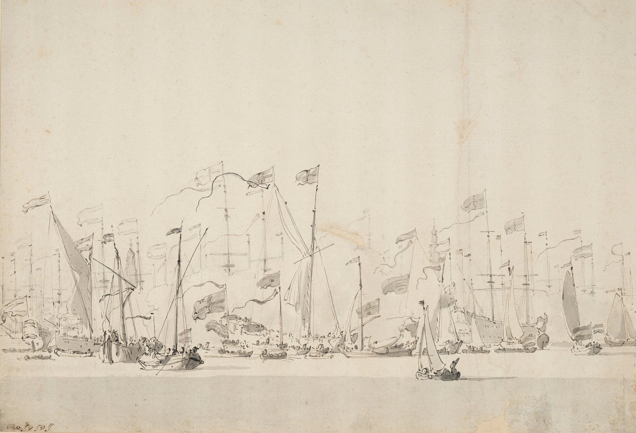 Rivieroptocht op de Y in Amsterdam ter ere van de Prins van Oranje, 5/15 juni 1660 door Willem van de Velde the Younger