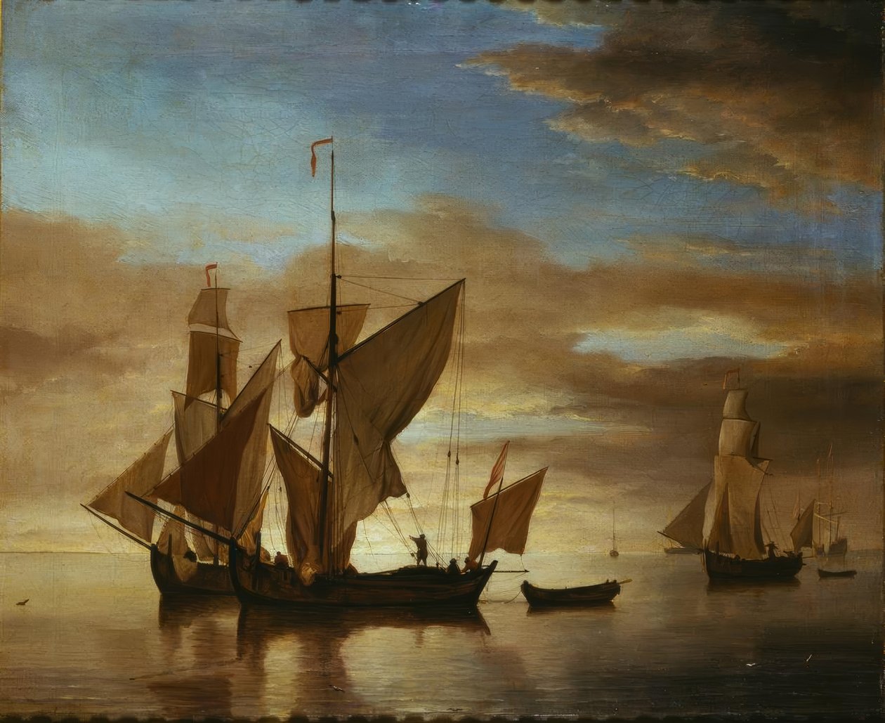 Schepen op rustige zee in avondlicht door Willem van de Velde the Younger