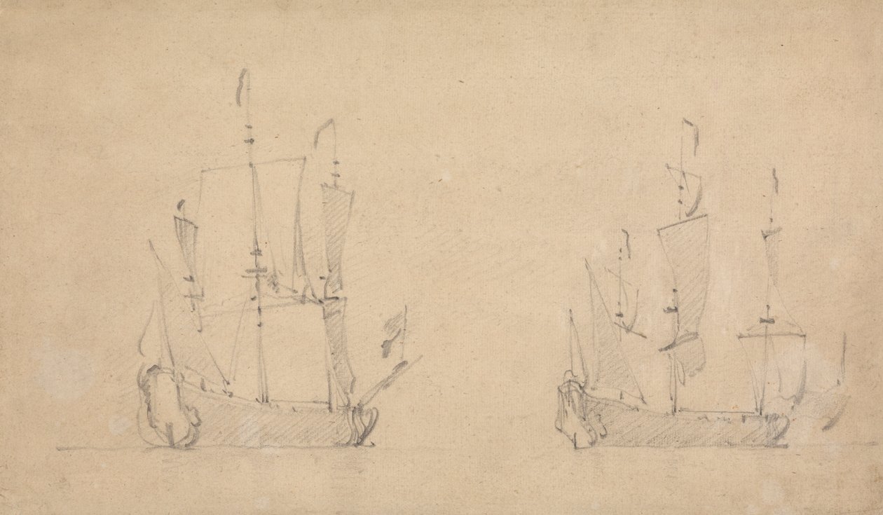 Achteraanzicht van een vlaggenschip in lichte wind en vergelijkbaar uitzicht van een ander door Willem van de Velde the Younger
