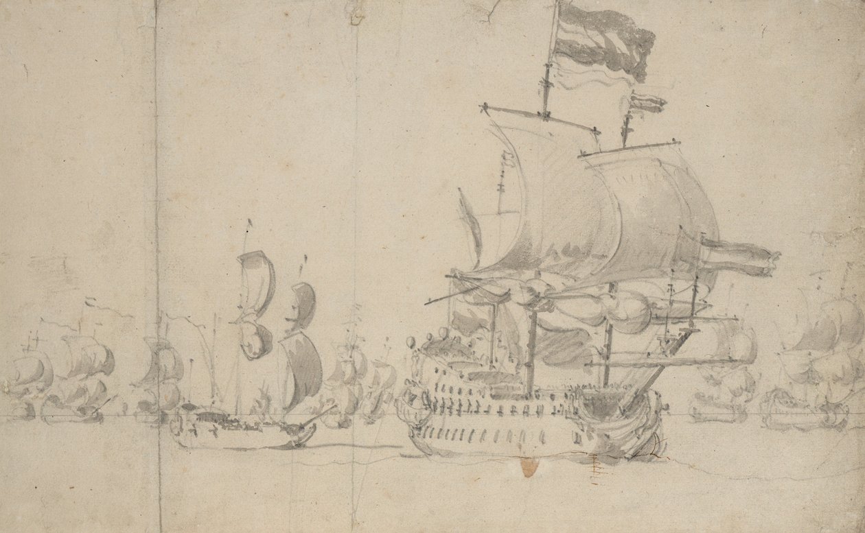 Een Nederlands vlaggenschip met een koeriersschip aan haar zijde, mei 1672? door Willem van de the Elder Velde
