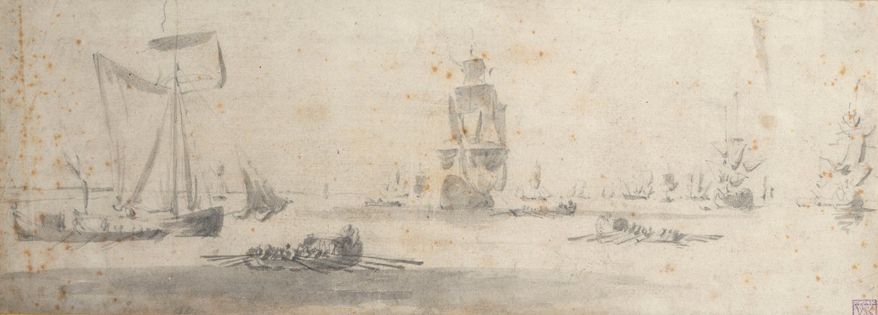 Een Galliot in lichte wind en verschillende schuiten, ca. 1681 door Willem van de the Elder Velde