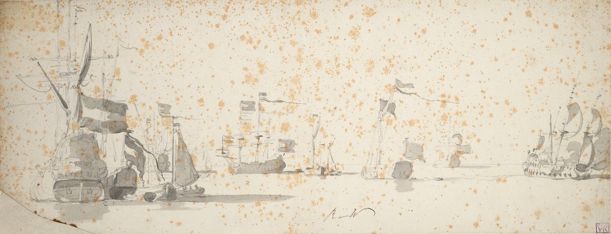 Een staatsjacht en Nederlandse schepen voor anker, ca. 1664 door Willem van de the Elder Velde