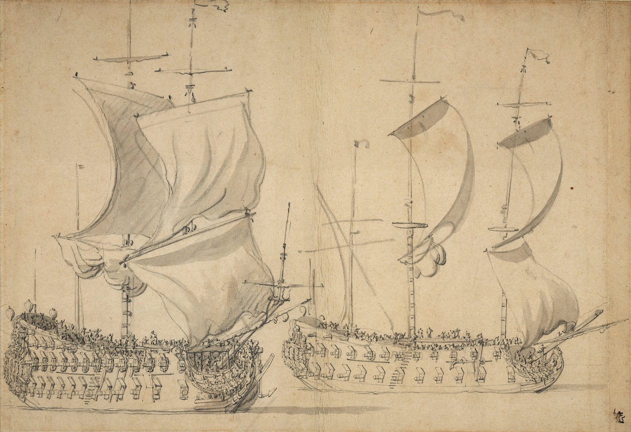 Een Engelse derde rang en vierde rang onder gemakkelijke zeil, circa 1677 door Willem van de the Elder Velde