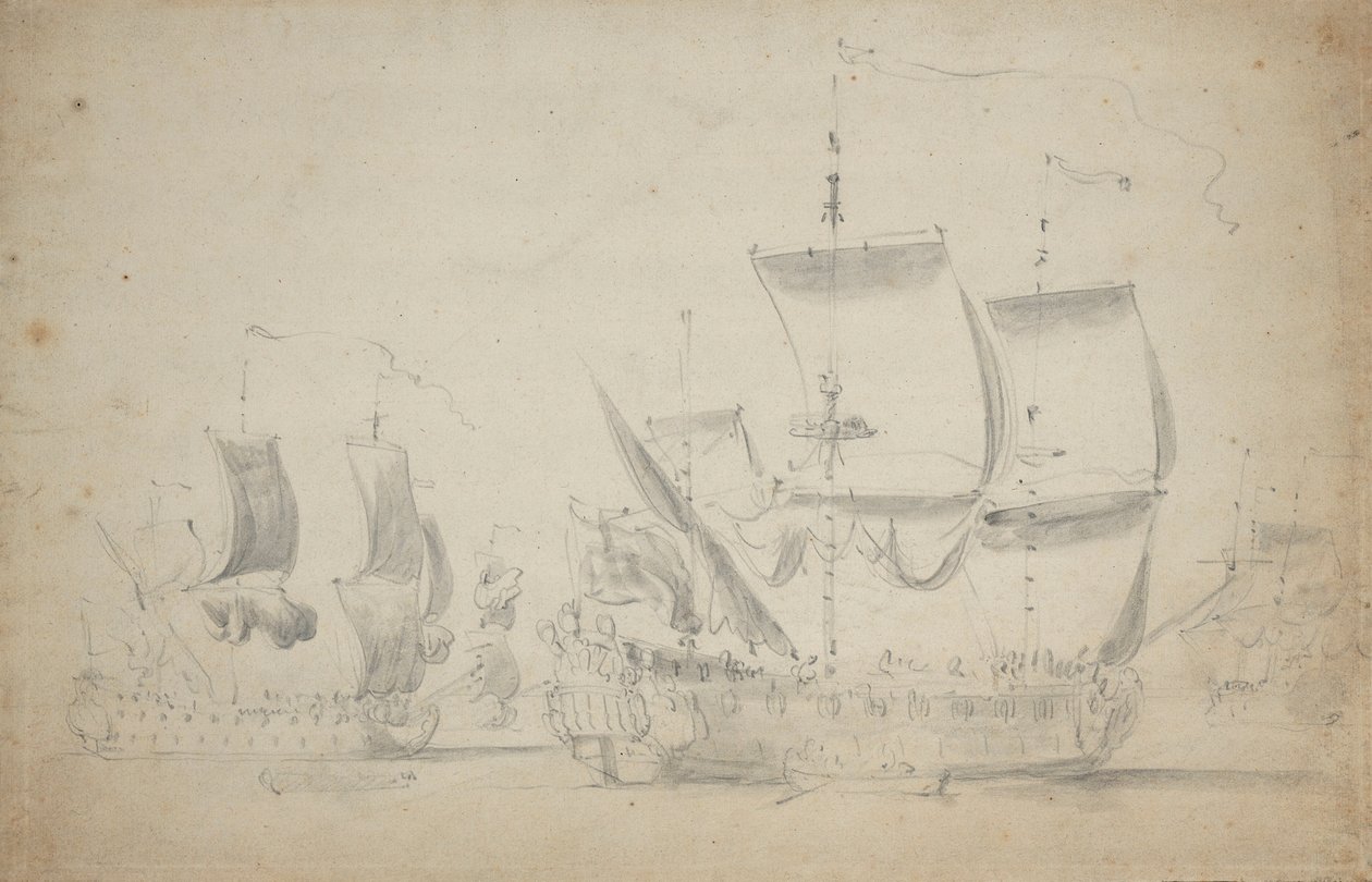 Een Engelse tweedekker onder gemakkelijke zeil, ca. 1675 door Willem van de the Elder Velde