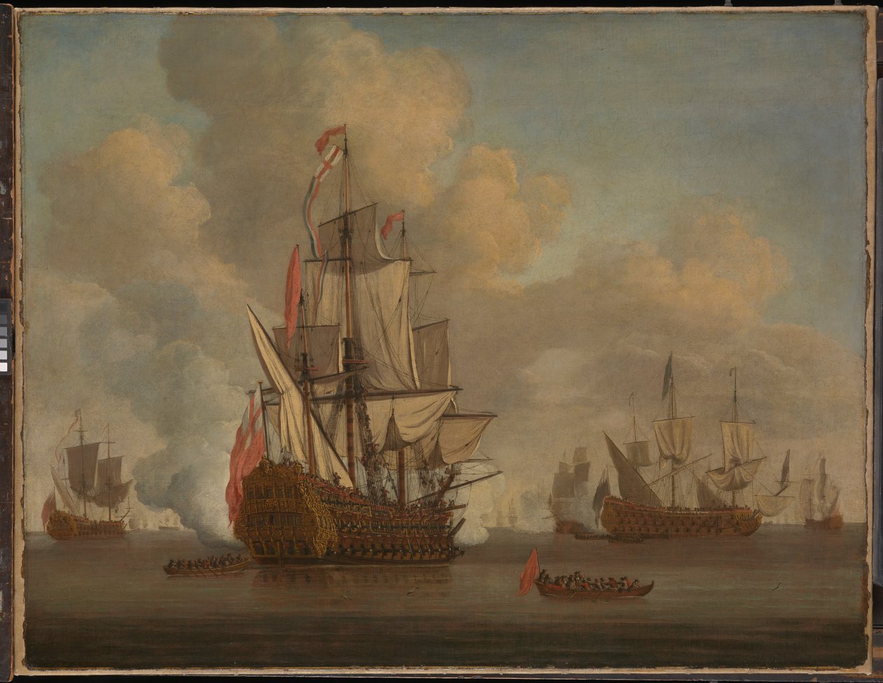 Kalmte: een Engelse tweedekker met geloste zeilen die een saluut afvuurt door Willem van de the Elder Velde
