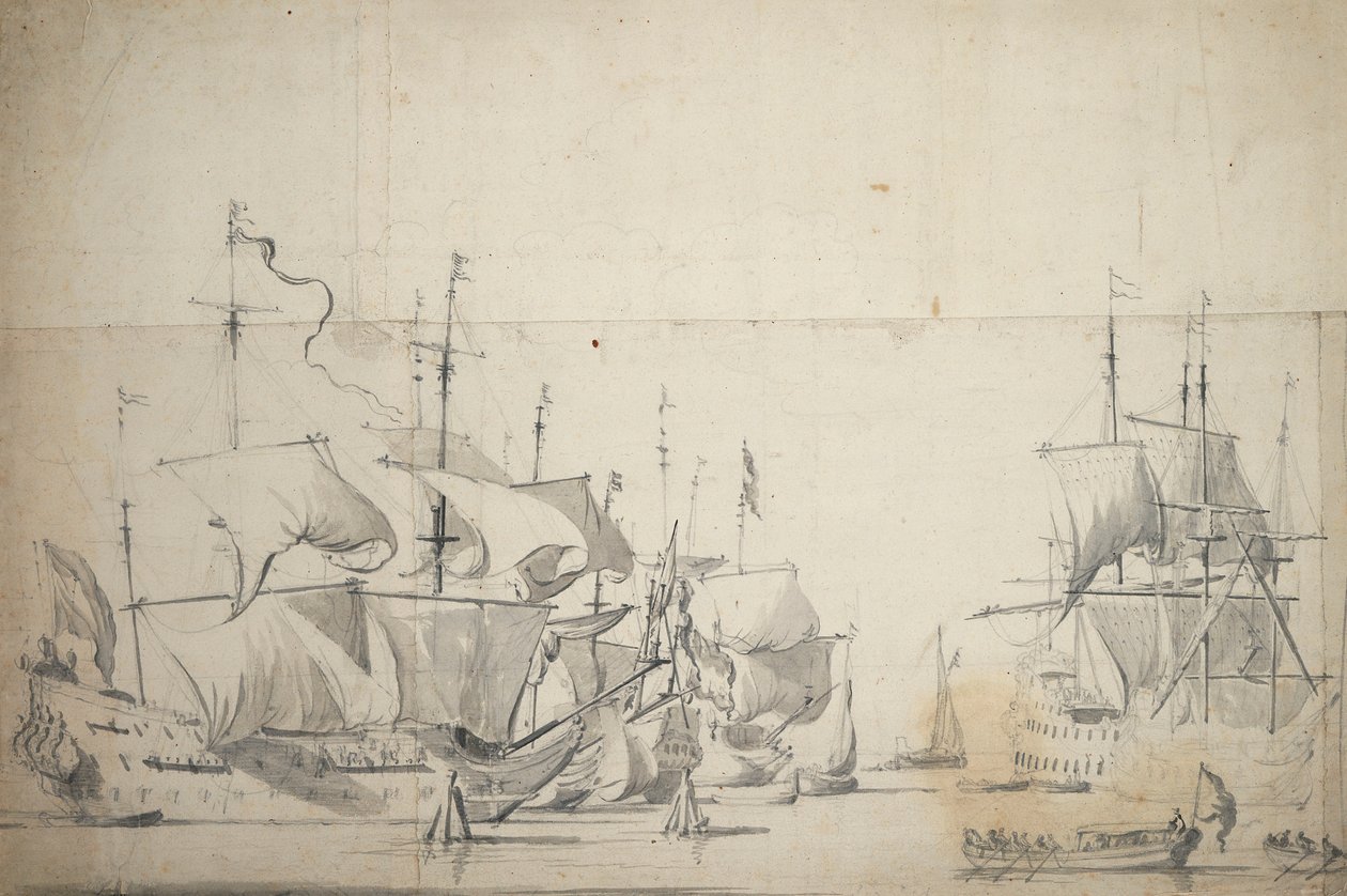 Nederlandse gevechtsschepen drogen zeilen, c.1658 door Willem van de the Elder Velde