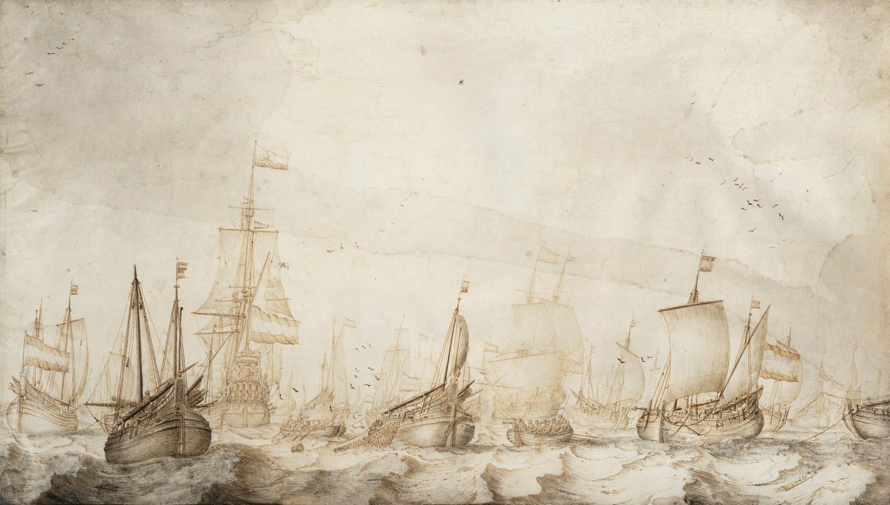 Nederlandse haringvissersschepen in de Noordzee door Willem van de the Elder Velde