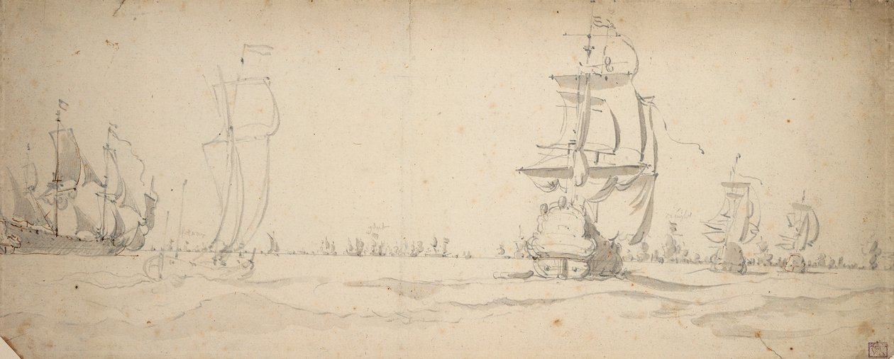 Nederlandse schepen op weg naar de hoofdvloot, mei? 1672, ca. 1672 door Willem van de the Elder Velde