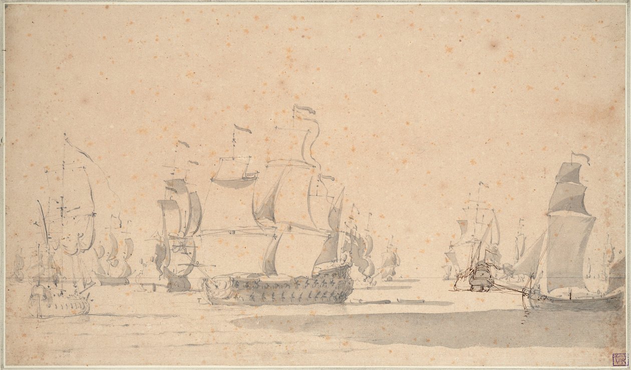 Engelse schepen, een kits en een galiot in een lichte bries, juni 1673? door Willem van de the Elder Velde