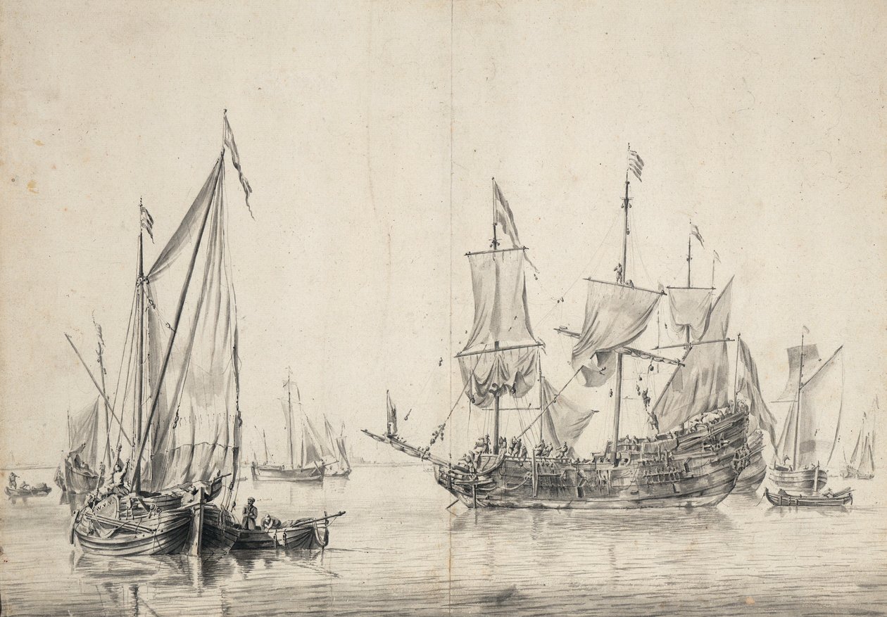 Zeilboten en een Nederlandse fregat die zijn zeilen droogt. Tekening en was door William van de Velde de Oude (ca. 1611-1693), circa 1665. door Willem van de the Elder Velde