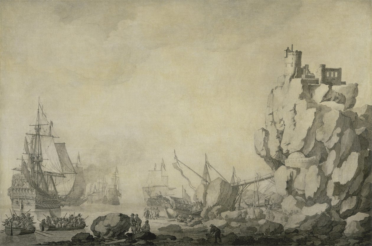 Schepen en militie bij een rotsachtige kust, c.1680 door Willem van de the Elder Velde