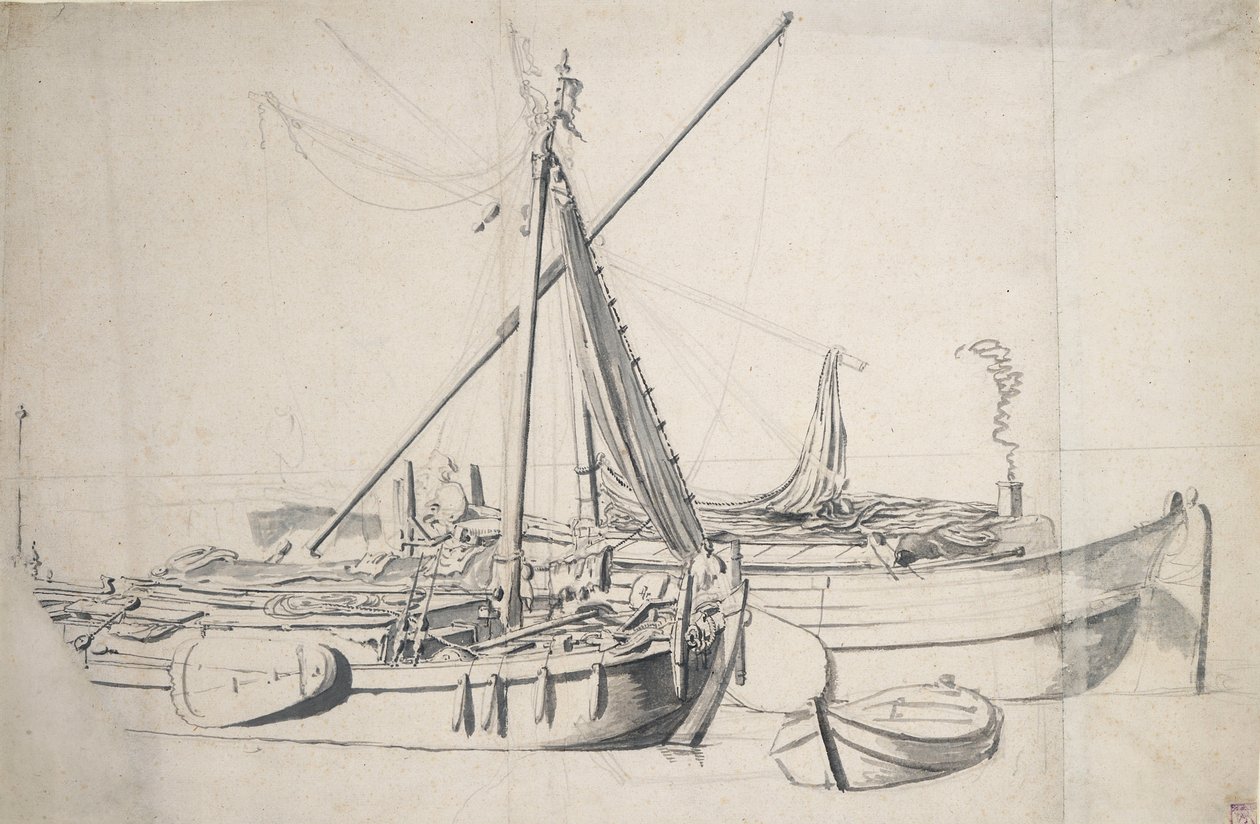 Studie van een damlooper en een smalschip naast elkaar, ca. 1665 door Willem van de the Elder Velde