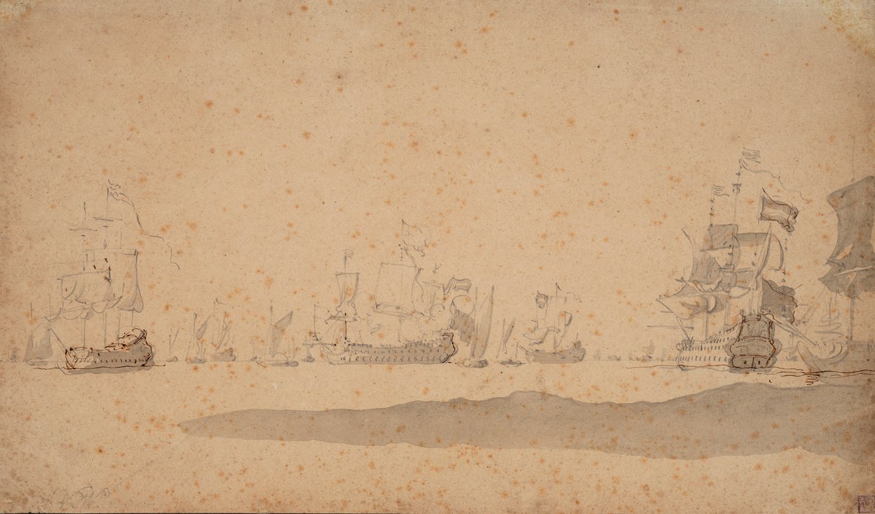 De Nederlandse vloot ligt waarschijnlijk stil in mei 1672, ca. 1672 door Willem van de the Elder Velde