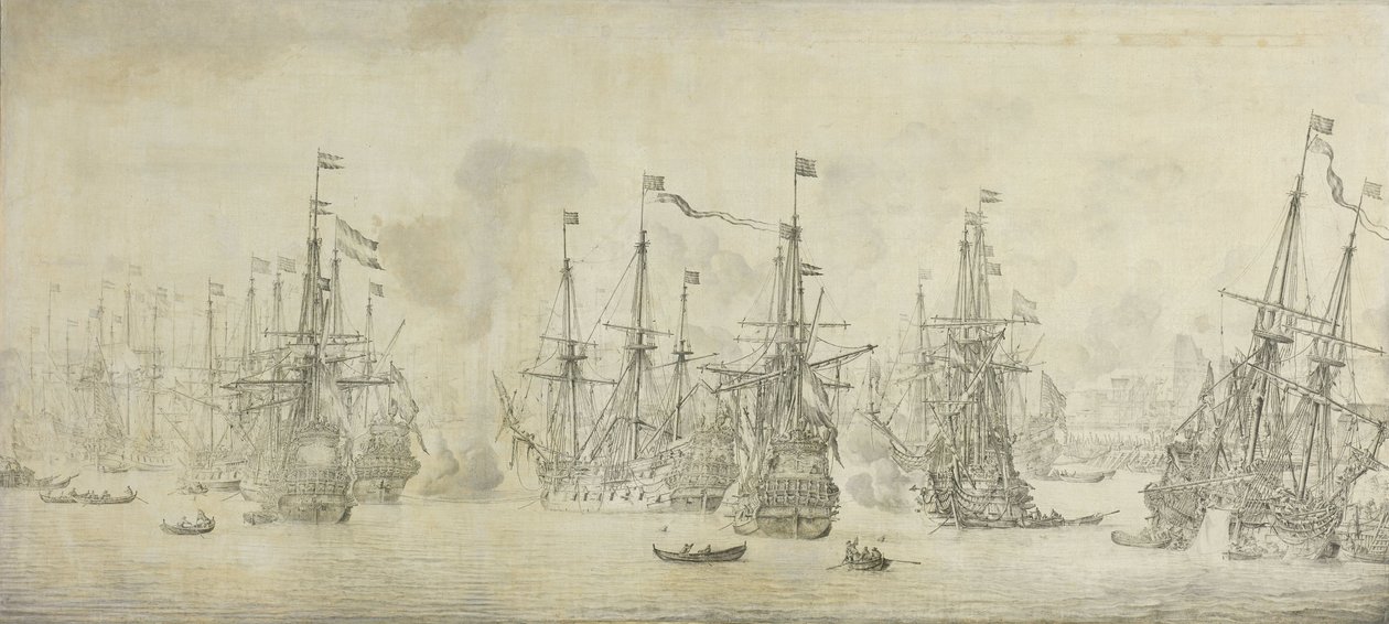 De mislukte aanval van de Engelsen op de terugvloot in de haven van Bergen door Willem van de the Elder Velde