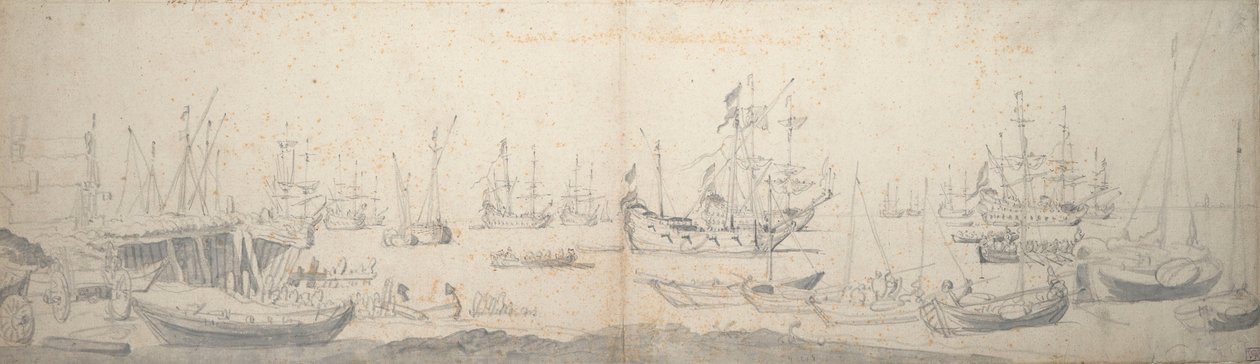 Weyschuits, een kaag en Nederlandse oorlogsschepen in de Texel door Willem van de the Elder Velde