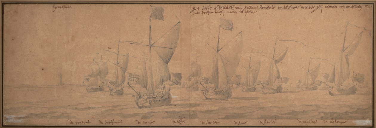 Jachten arriveren aan de kust van Holland op 9 december 1677 door Willem van de the Elder Velde