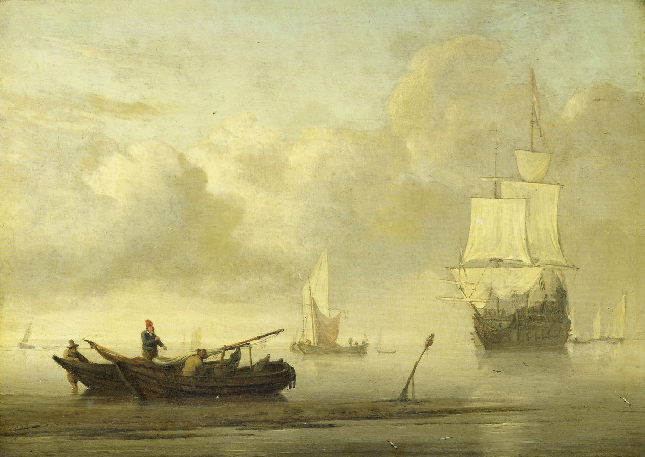 Schepen bij de kust tijdens een kalme periode door Willem van de the Younger (attr.to) Velde