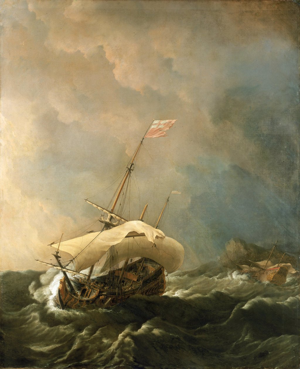 Brits schip in een stormachtige wind, probeert te ontsnappen van de rotsachtige kust door Willem van de Velde the Younger