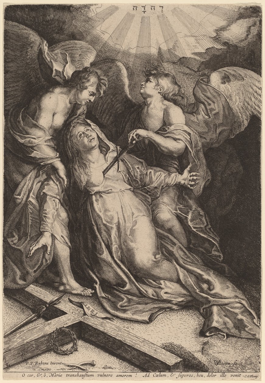 Mater Dolorosa Knielend, Ondersteund door Twee Engelen door Willem van der Leeuw after Sir Peter Paul Rubens