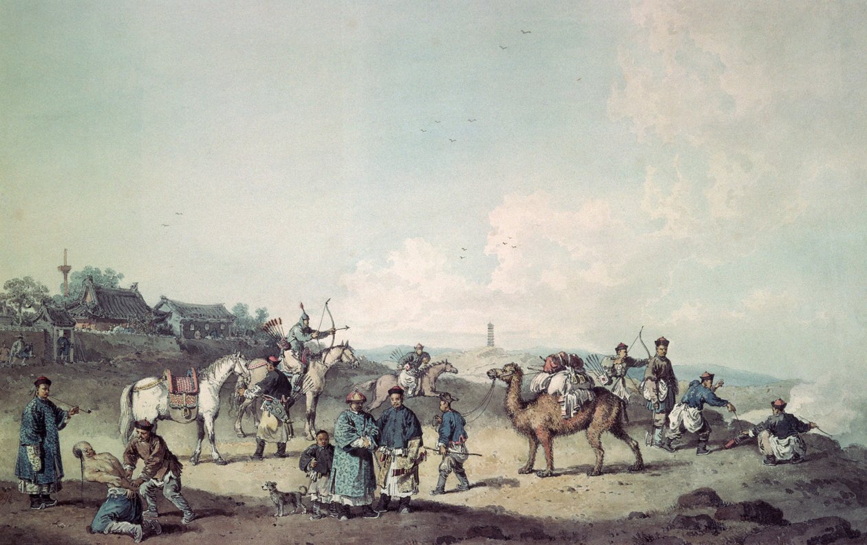Chinese soldaten oefenen buiten de muren van een stad door William Alexander