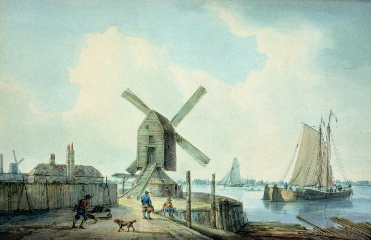 Een kustscène met windmolens en schepen door William Anderson