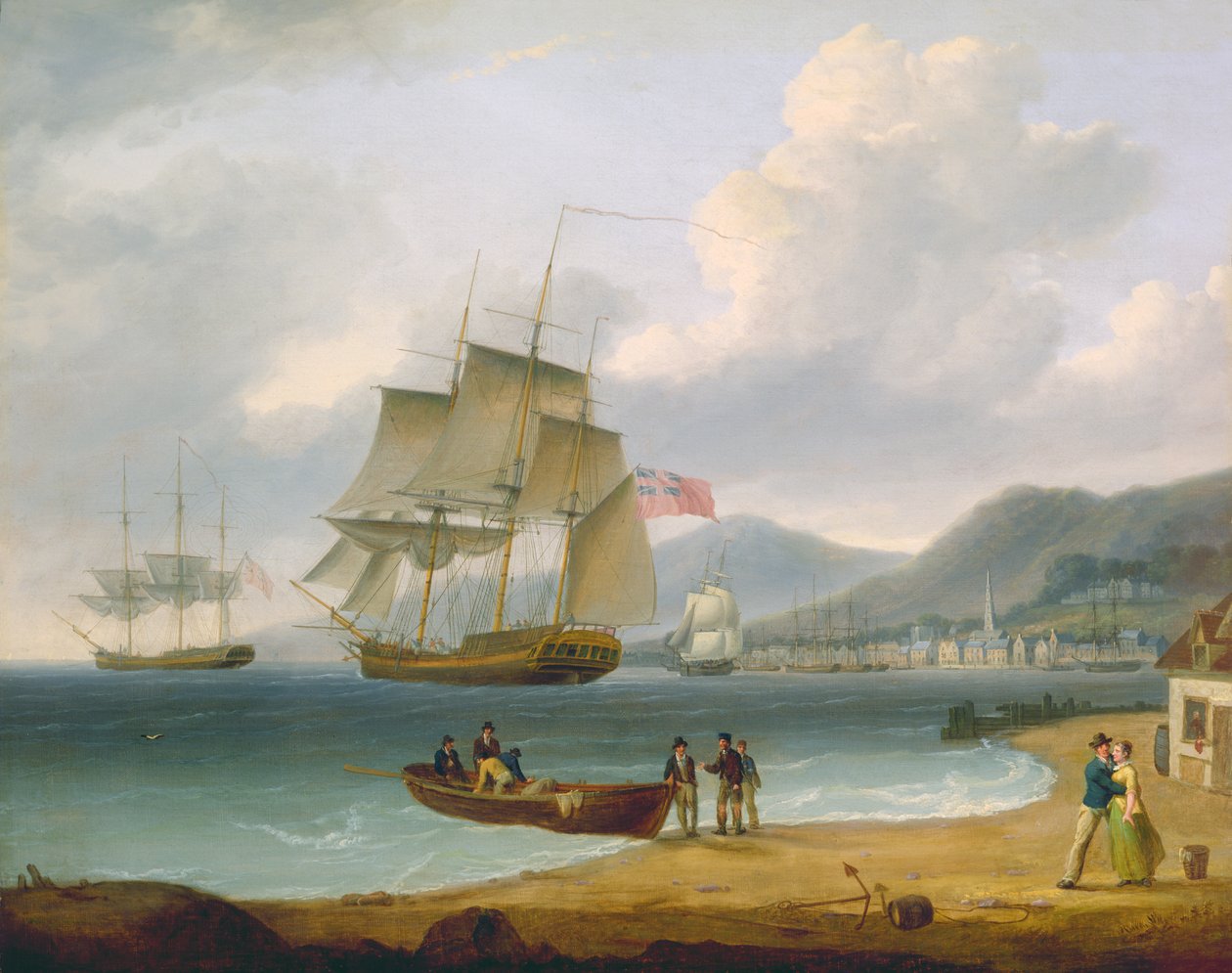 Koopvaardijschepen onder zeil en voor anker bij een stad door William Anderson