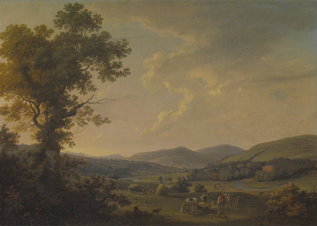Landschap met hooimaaiers en een verre blik op een Georgisch huis door William Ashford