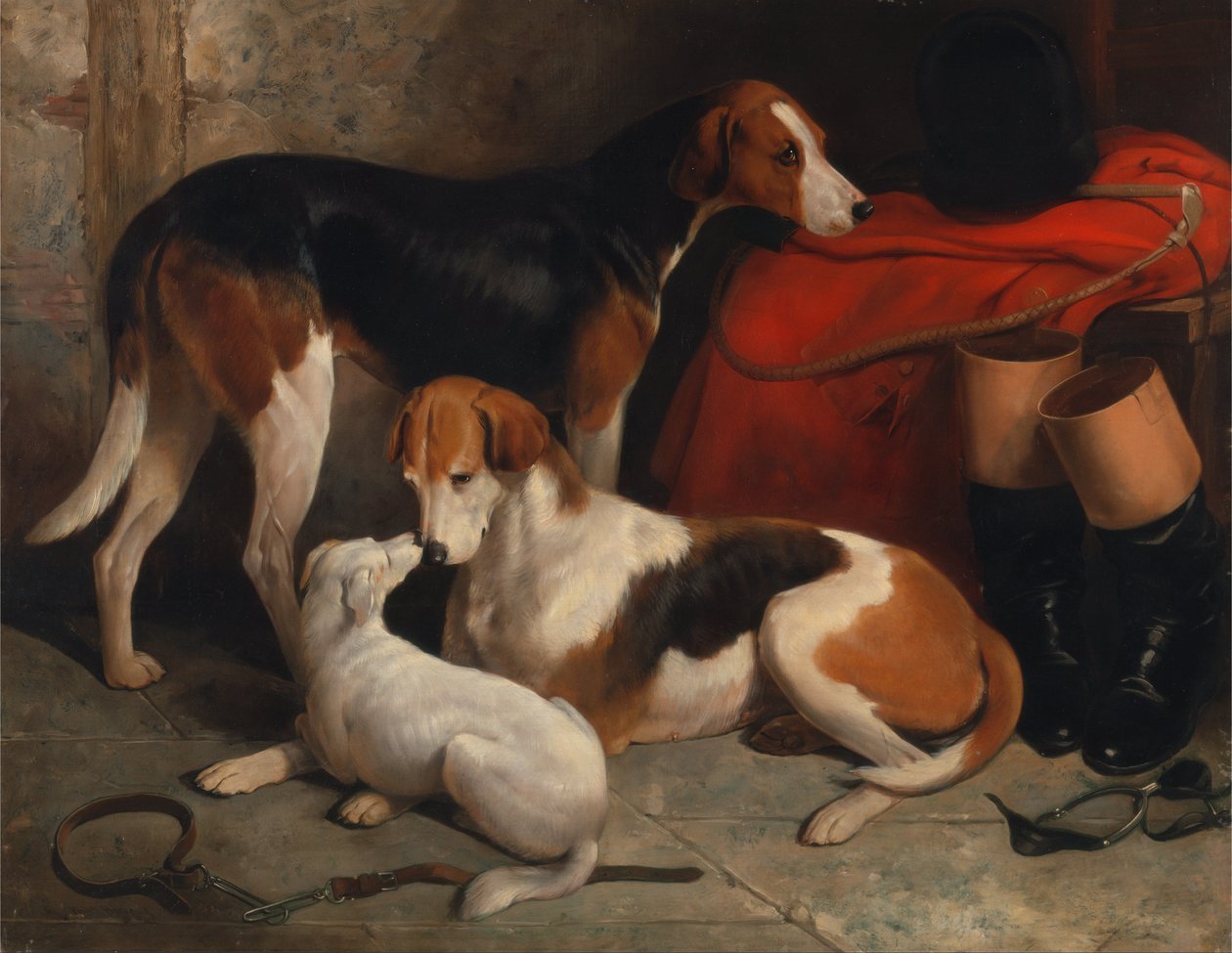 Een Paar Foxhounds met een Terrier, eigendom van Lord Henry Bentinck door William Barraud