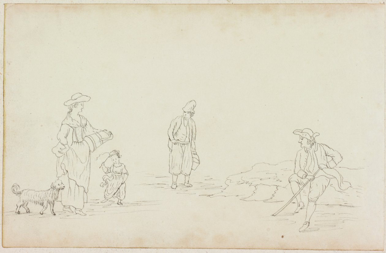 Vrouw met Sleepboot, Kind en Twee Mannen (inkt op papier) door William Beilby