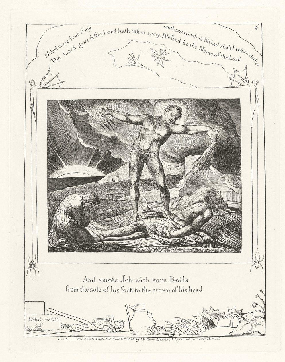 En sloeg Job met zweren van de zool van zijn voet tot de kroon van zijn hoofd, 1825 door William Blake
