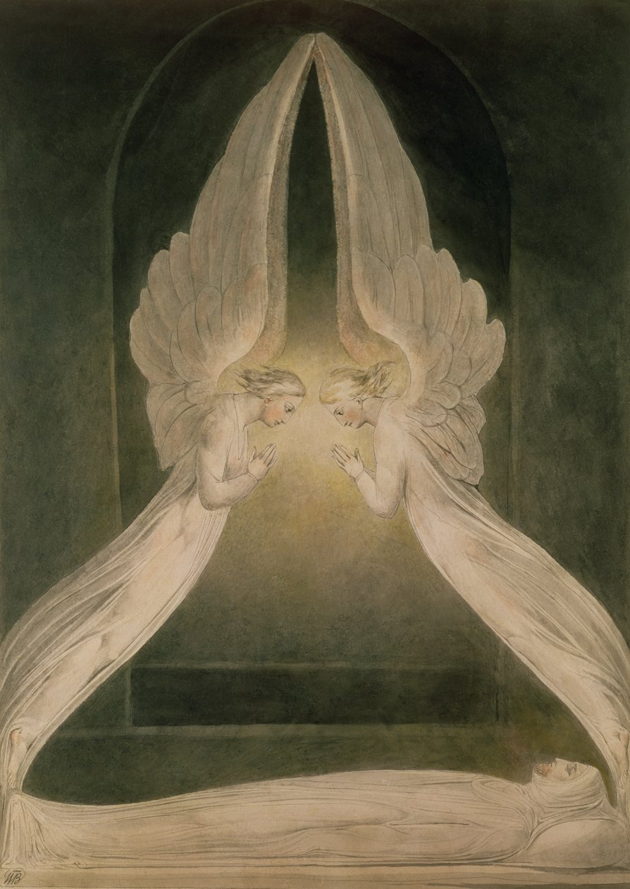 Christus in het graf, bewaakt door engelen door William Blake